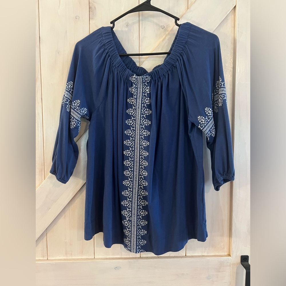 Denim Blue 3/4 sleeved top with embroidered design